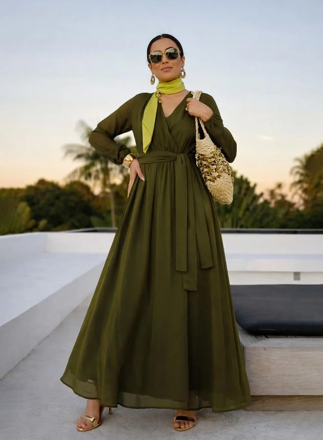 SASSAFRAS Olive V-Neck Belted A-Line Maxi Dress