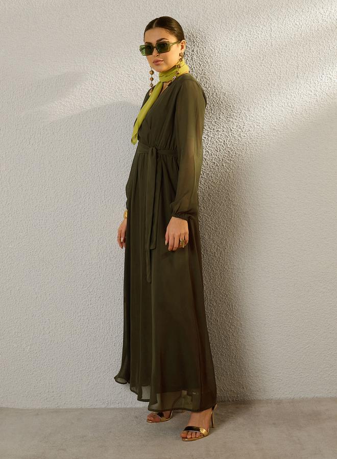 SASSAFRAS Olive V-Neck Belted A-Line Maxi Dress - Image 3