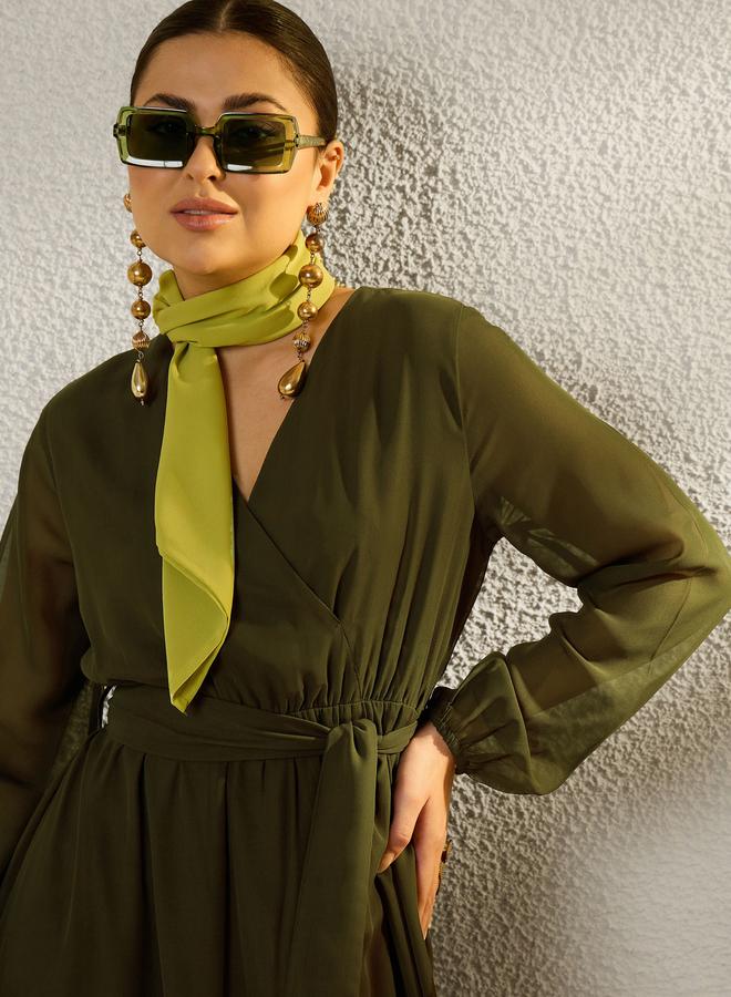 SASSAFRAS Olive V-Neck Belted A-Line Maxi Dress - Image 4
