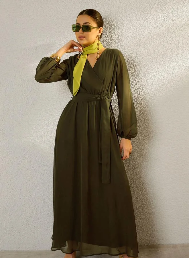 SASSAFRAS Olive V-Neck Belted A-Line Maxi Dress