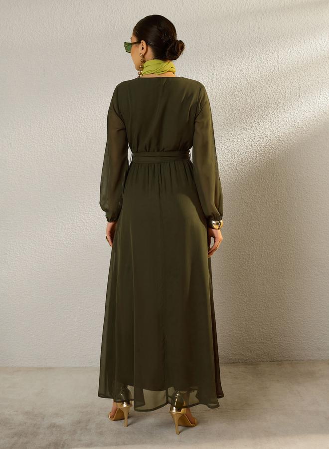 SASSAFRAS Olive V-Neck Belted A-Line Maxi Dress - Image 5