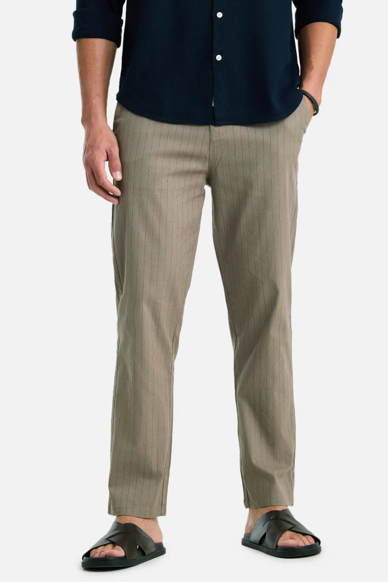 SNITCH Beige Striped Relaxed Formal Trousers