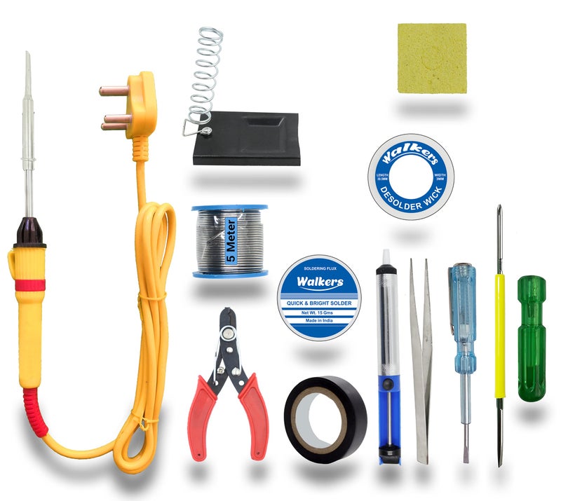 Walker's Walkers Basic 12in1 Complete 25W Soldering Iron Machine Tool Kit Set| Wire Cutter | Stand | Solder Wire | Tweezer | Soldering Flux | Wick | Tester| Pump | Tape | 2in1 Screw Driver | Sponge (Flat Tip) - Image 1