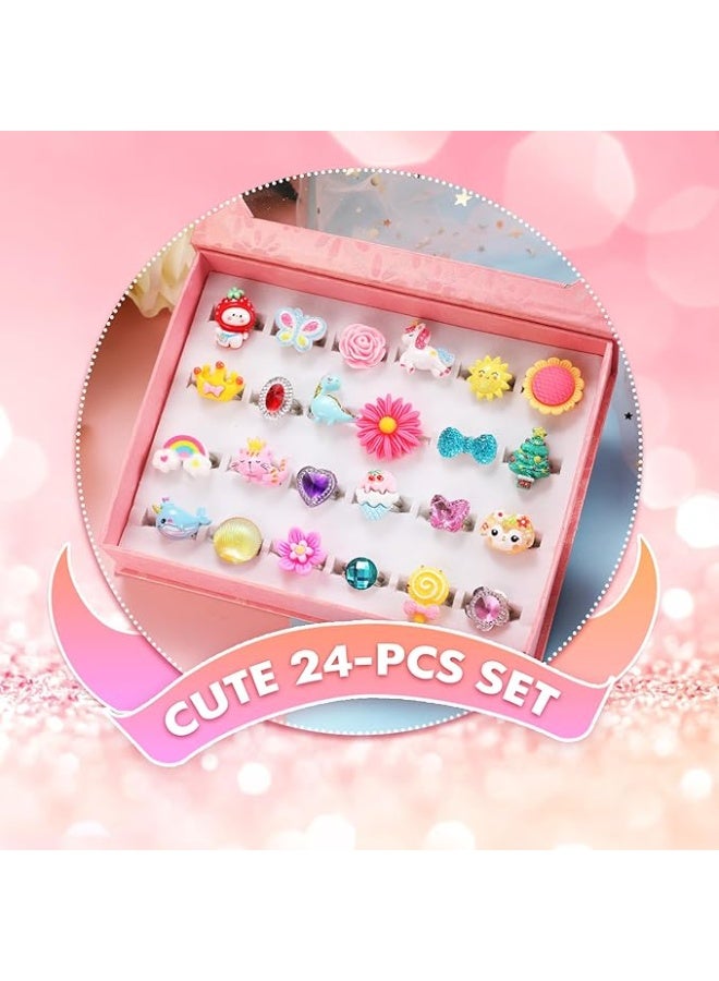 Girls Dress Up Jewelry Rings, 24 Pieces Adjustable Faux Gem Rings, Assorted Play Rings for Kids with Storage Box - Image 1