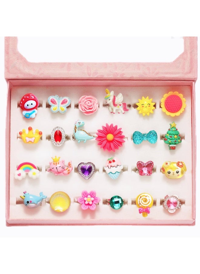 Girls Dress Up Jewelry Rings, 24 Pieces Adjustable Faux Gem Rings, Assorted Play Rings for Kids with Storage Box - Image 4