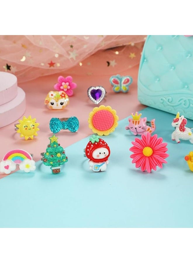 Girls Dress Up Jewelry Rings, 24 Pieces Adjustable Faux Gem Rings, Assorted Play Rings for Kids with Storage Box - Image 2