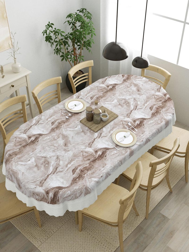 Clasiko 8 Seater Oval Dining Table Cover; 60x108 Inches; Material - PVC; Anti Slip; 74026; Brown White - Image 1