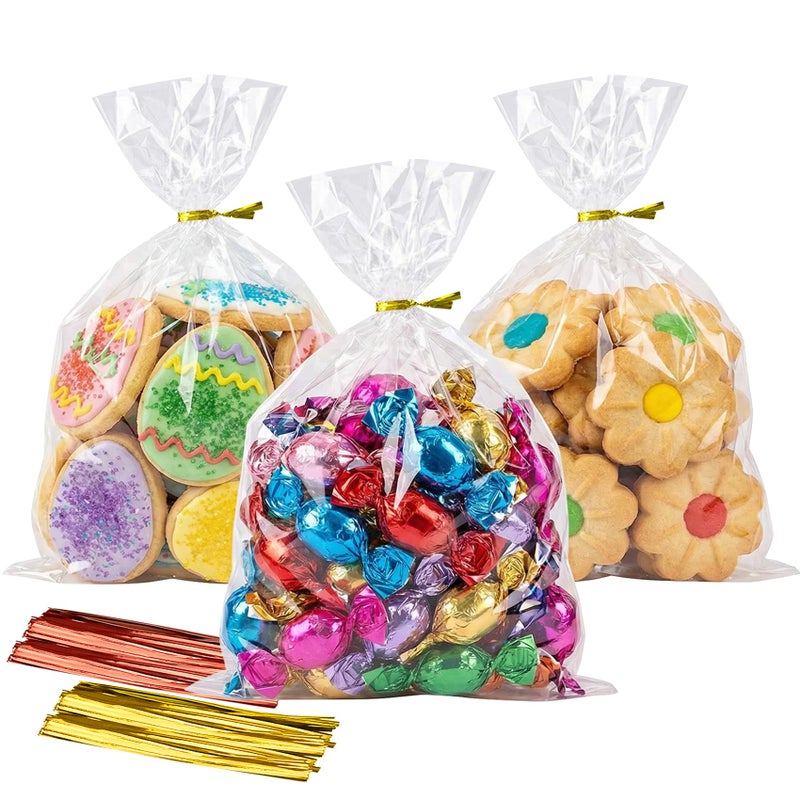 Morepack Cello Cellophane Treat Bags,5x7 Inches Clear Cellophane Bags 200 Pcs OPP Plastic Treat Bags with 200 Twist Ties for Gift Wrapping,Packaging Candies,Dessert,Bakery, Cookies, Chocolate,Party Favor - Image 1