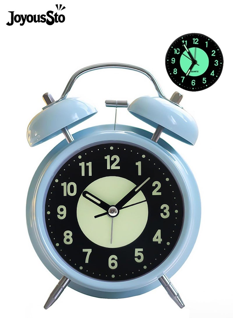 JoyousSto Analog Alarm Clock 4 inches Super Silent Non-Ticking Twin Bell Alarm Clock,Backlight,Luminous,No Snooze,Battery Operated,Louder Bell for Heavy Sleepers,Home Decor,Blue - Image 1