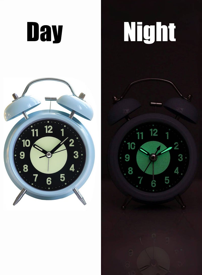 JoyousSto Analog Alarm Clock 4 inches Super Silent Non-Ticking Twin Bell Alarm Clock,Backlight,Luminous,No Snooze,Battery Operated,Louder Bell for Heavy Sleepers,Home Decor,Blue - Image 2