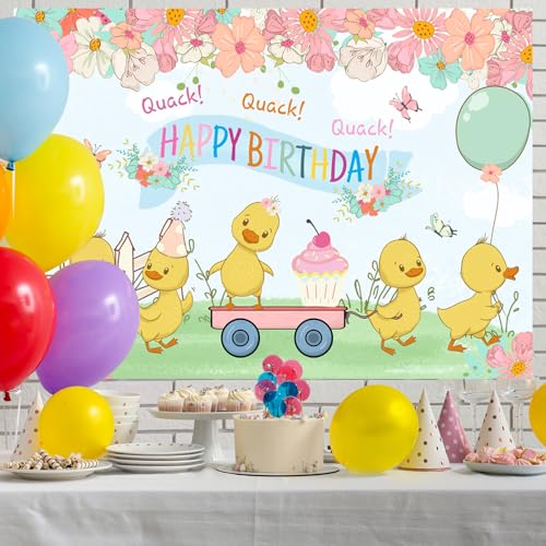 Ticuenicoa 5x3ft Spring Little Yellow Duck Theme Birthday Backdrop Colorful Cute Cartoon Animal Pink Flower Photography Background for Kids Girl Boy 1st Bday Party Decorations Cake Table Supplies - Image 2