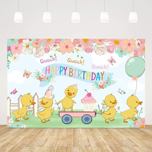 Ticuenicoa 5x3ft Spring Little Yellow Duck Theme Birthday Backdrop Colorful Cute Cartoon Animal Pink Flower Photography Background for Kids Girl Boy 1st Bday Party Decorations Cake Table Supplies - Image 1