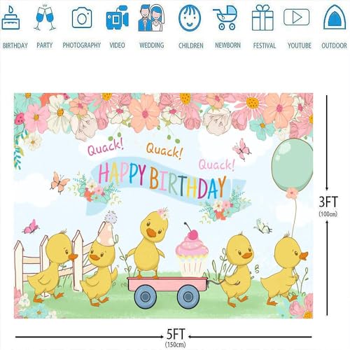 Ticuenicoa 5x3ft Spring Little Yellow Duck Theme Birthday Backdrop Colorful Cute Cartoon Animal Pink Flower Photography Background for Kids Girl Boy 1st Bday Party Decorations Cake Table Supplies - Image 4
