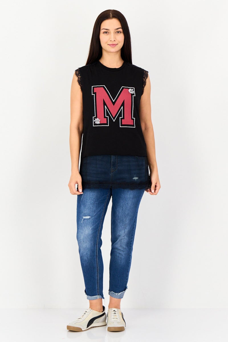 My Twin Women Crew Neck Sleeveless Textured Tank Top, Black - Image 3