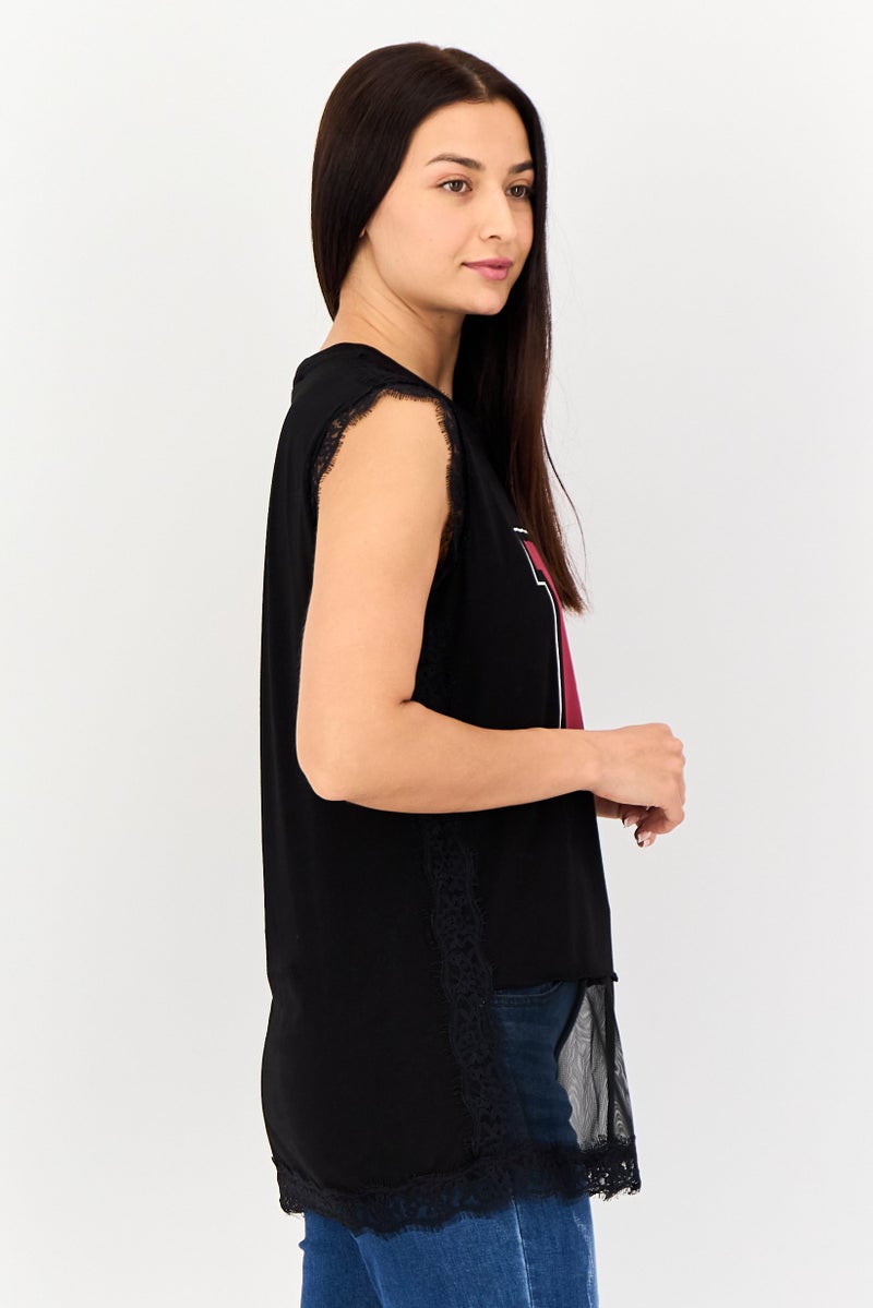My Twin Women Crew Neck Sleeveless Textured Tank Top, Black - Image 2