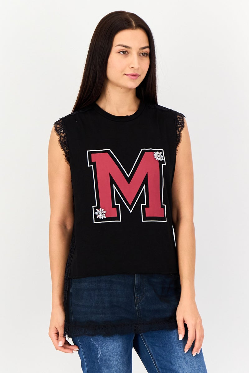 My Twin Women Crew Neck Sleeveless Textured Tank Top, Black - Image 1