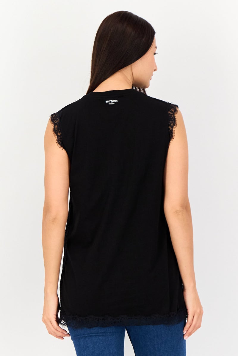 My Twin Women Crew Neck Sleeveless Textured Tank Top, Black - Image 4