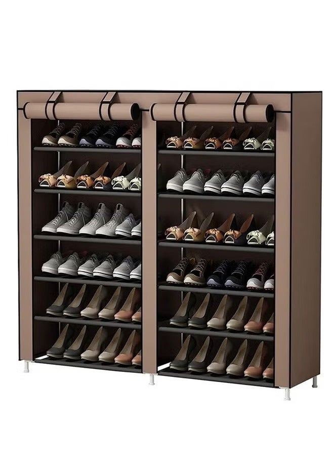 BLOOMING TIME - 12-Layer Double-Row Non-Woven Simple Shoe Rack, Space-Saving Entry Shoe Rack With Dust Cover, Brown - Image 1