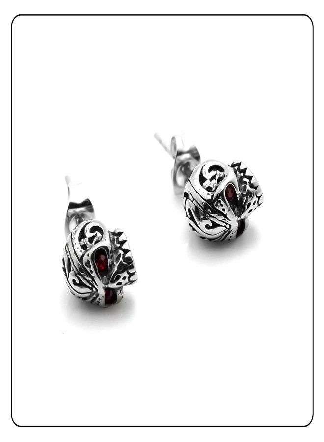 Fusamk Punk Rock Stainless Steel Flower Pattern Crystal Eye Skull Stud Earrings(Red) - Image 4