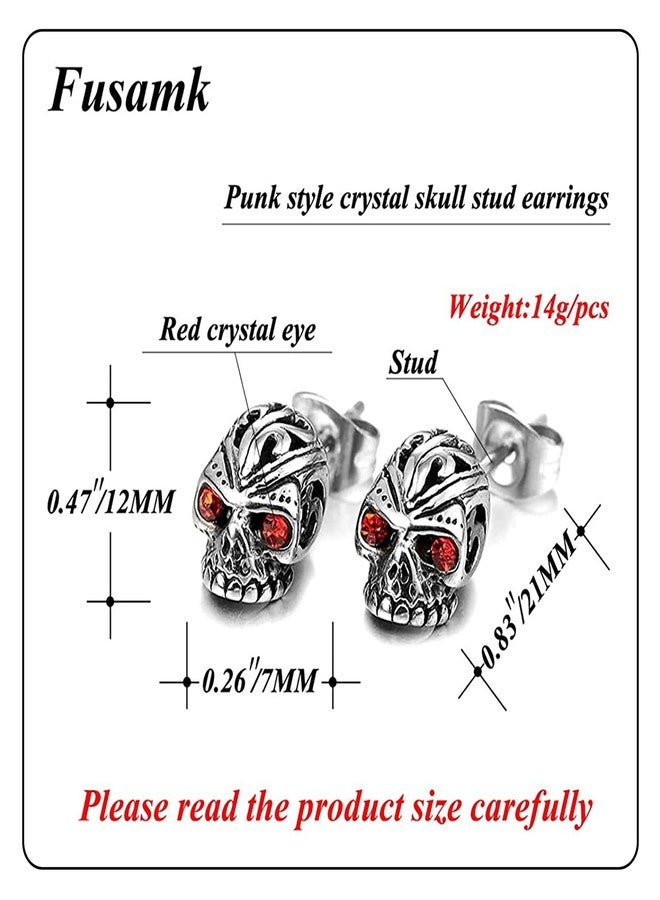 Fusamk Punk Rock Stainless Steel Flower Pattern Crystal Eye Skull Stud Earrings(Red) - Image 2