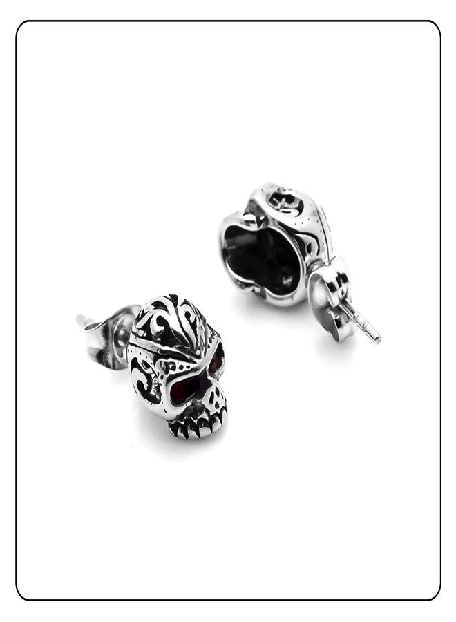 Fusamk Punk Rock Stainless Steel Flower Pattern Crystal Eye Skull Stud Earrings(Red) - Image 5