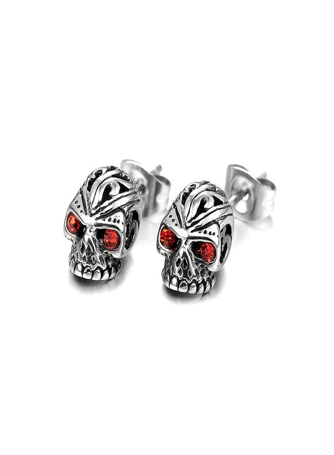 Fusamk Punk Rock Stainless Steel Flower Pattern Crystal Eye Skull Stud Earrings(Red) - Image 1