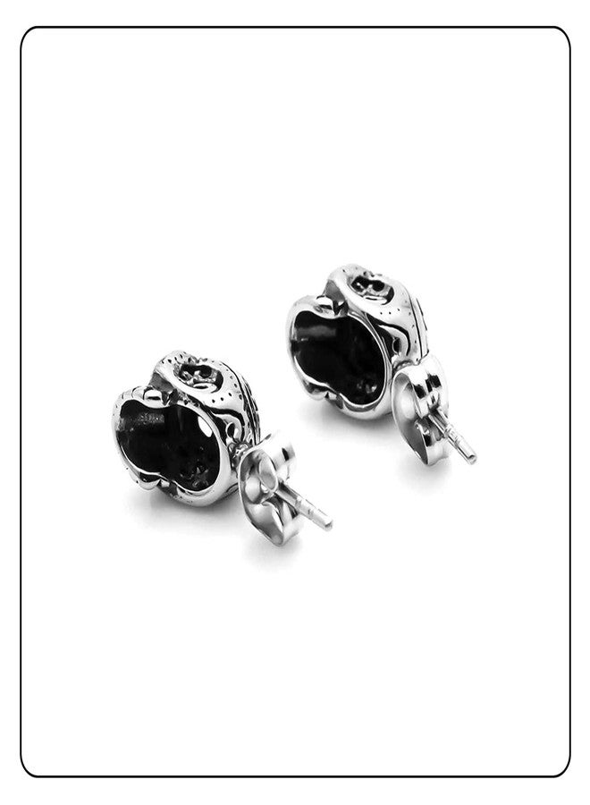 Fusamk Punk Rock Stainless Steel Flower Pattern Crystal Eye Skull Stud Earrings(Red) - Image 3