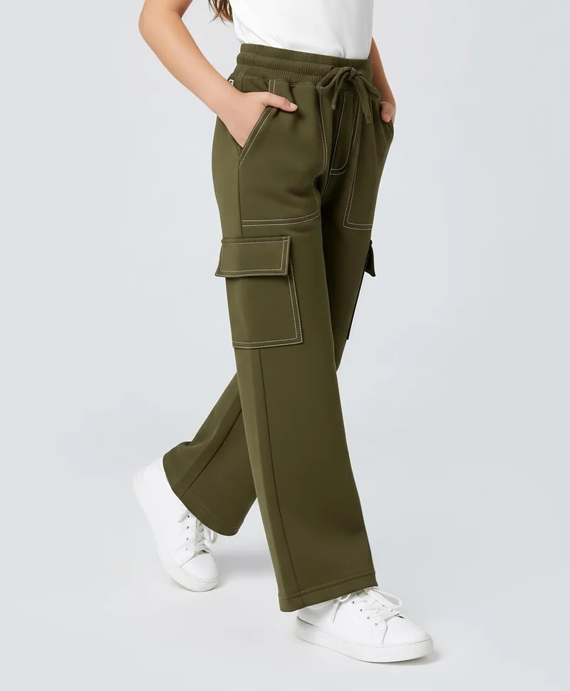 Pine Kids Pine Kids Knit Full Length Solid Colour Wide Leg Track Pant With Pockets - Olive Green