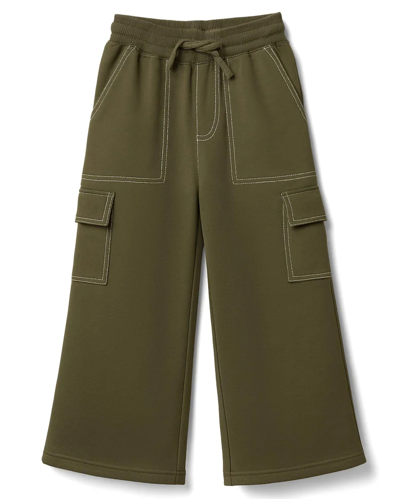 Pine Kids Pine Kids Knit Full Length Solid Colour Wide Leg Track Pant With Pockets - Olive Green