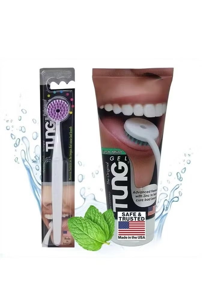 Peak Essentials The Original TUNG Brush Tongue Brush & Gel Kit | Tongue Cleaner for Adults | Tongue Scraper for Bad Breath | Bad Breath Eliminator | Cool Mint Flavor | Made in USA (Set of 1)