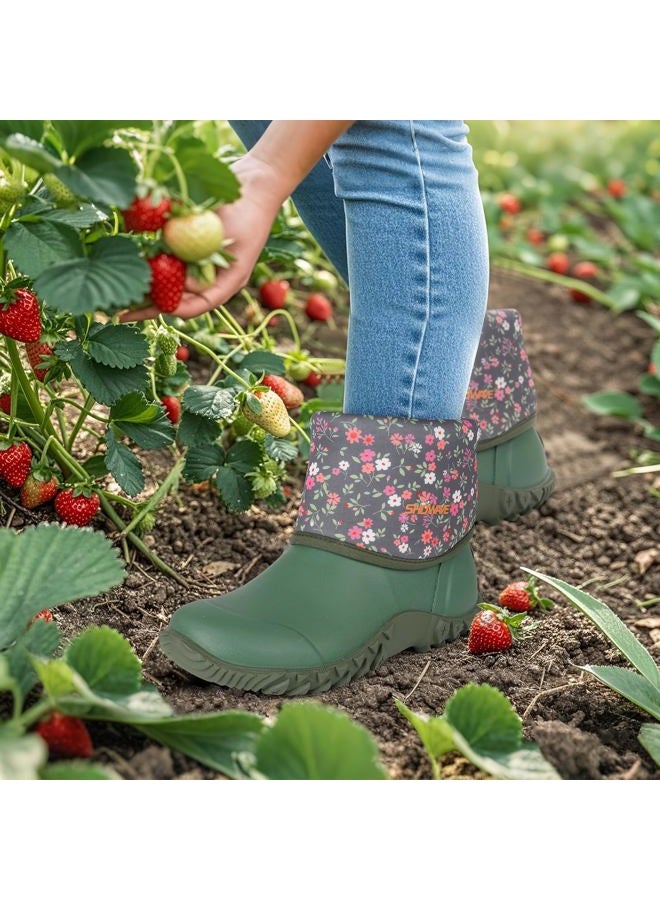 Showave Women's Garden Boots Rubber Rain Boots For Women Waterproof Mud Boot Gardening Yard Boot For Farming Working Outdoor, Green/Blossom Lining, 10 - Image 2