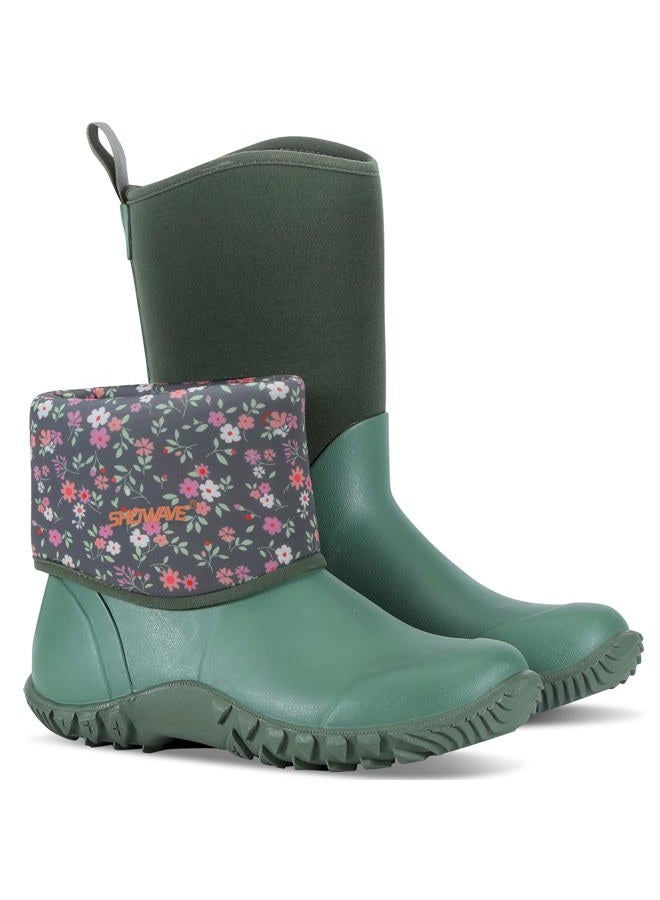 Showave Women's Garden Boots Rubber Rain Boots For Women Waterproof Mud Boot Gardening Yard Boot For Farming Working Outdoor, Green/Blossom Lining, 10 - Image 1