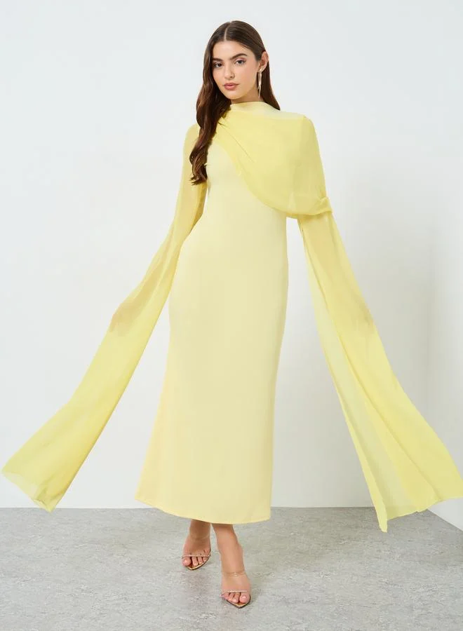 Take Two Solid Wrap Draped Mesh Cape Sleeve Maxi Dress
