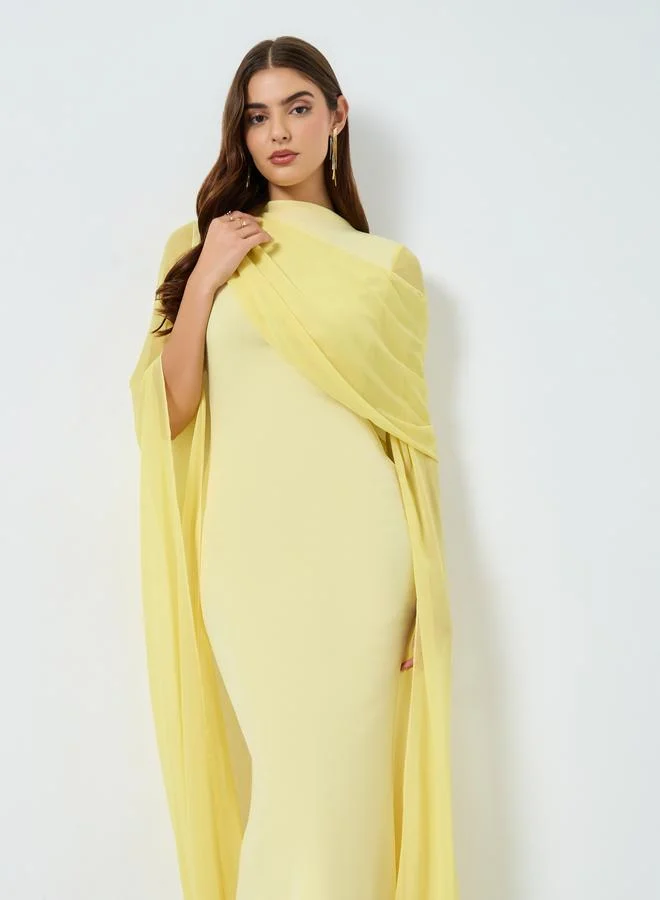 Take Two Solid Wrap Draped Mesh Cape Sleeve Maxi Dress