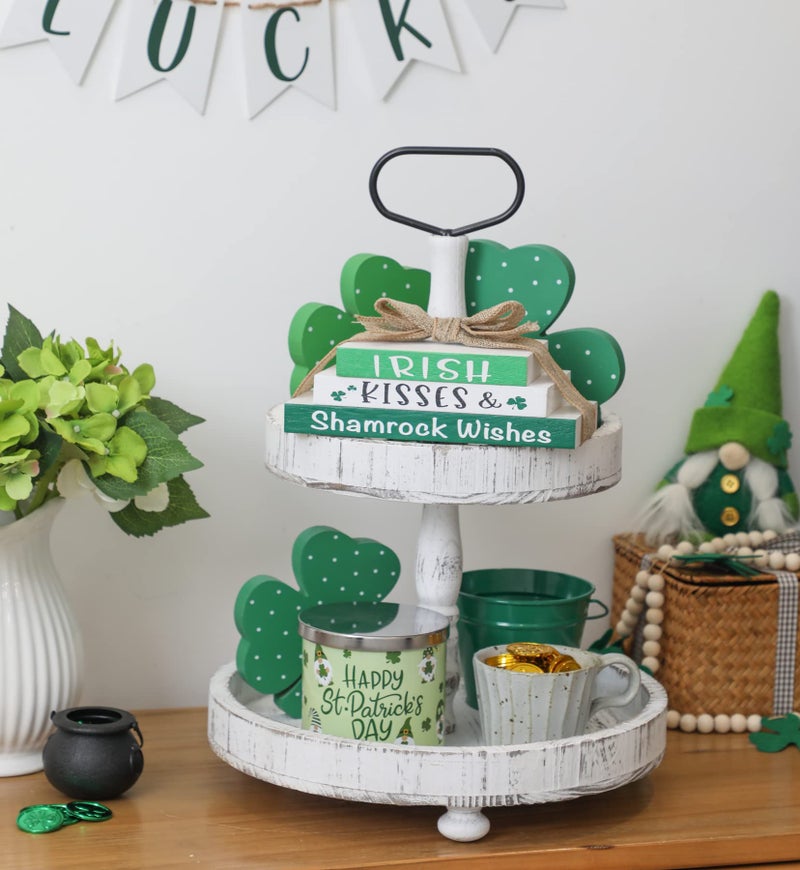 KORMMCO St. Patrick's Day Tiered Tray Decor - Reversible Wooden Books Stack - Mini Faux Book Decor - Valentine's Day Farmhouse Table Decor Bundle - Shamrock Faux Bundle - Valentine Decor for Home - Image 3