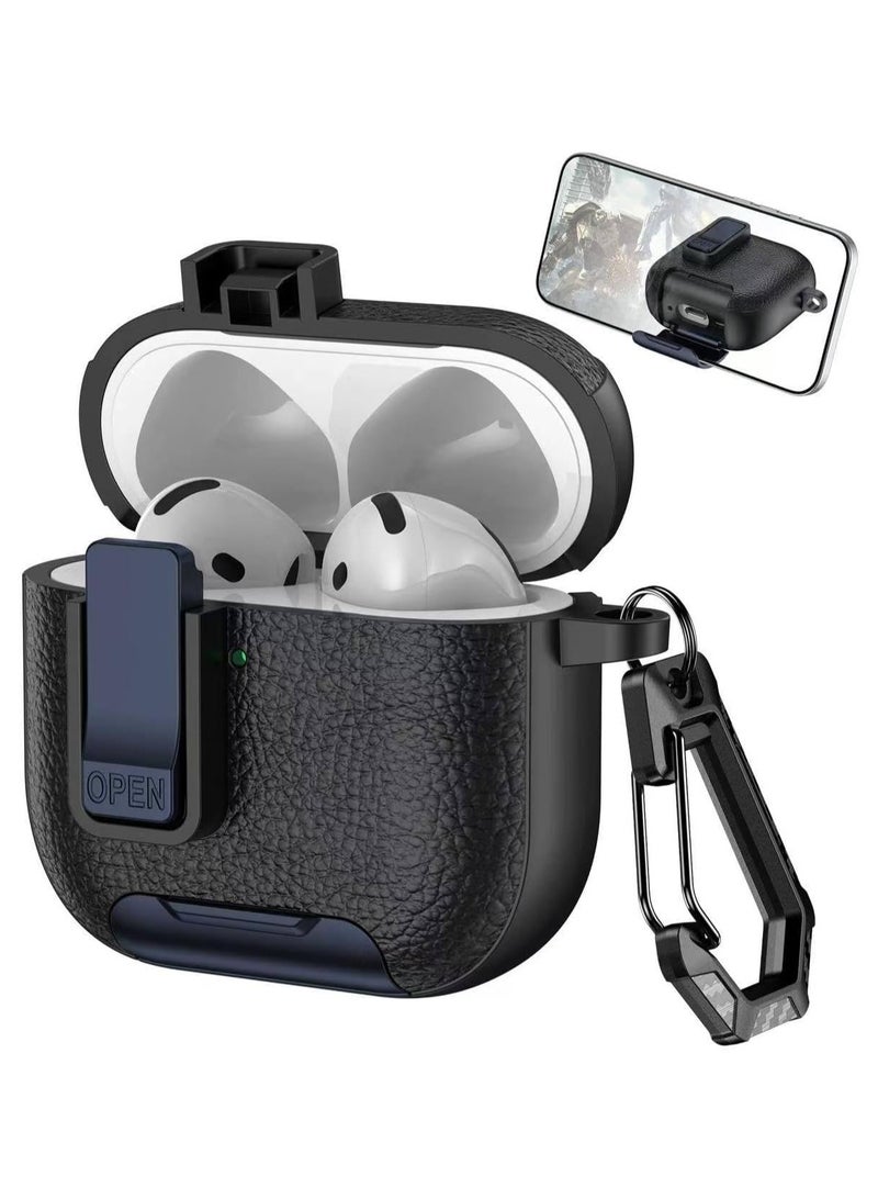 AirPod Pro 2 Case 2023/2022/2019, 2nd Gen with Phone Stand, Secure Lock Design Silicone Protection, Case with Leather Texture for Airpod Pro 2 (Black Dark Blue)