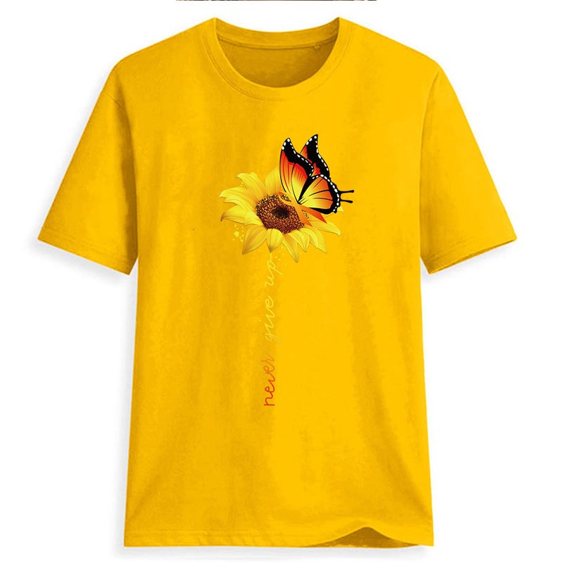 Butterfly Sunflower Sunflower Print Short Sleeve T-Shirt Explosive Foreign Trade One Drop Shipping Wish eBay 001 Yellow 1001 XXXL - Image 1