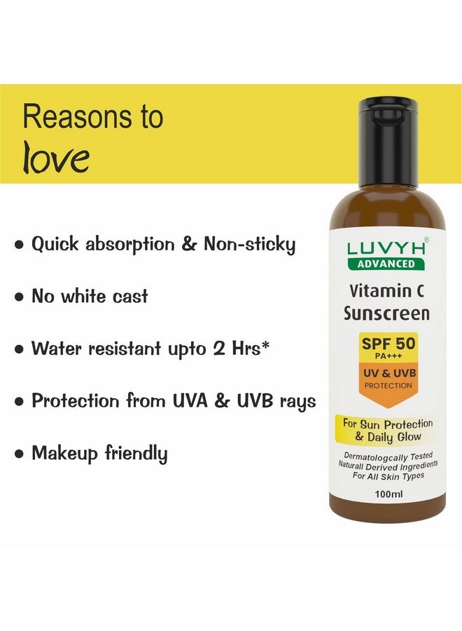 Luvyh Vitamin C Daily Glow Sunscreen SPF 50 100ml - Protects from UV Rays, Brightens Skin, Anti-Aging Formula - Image 3