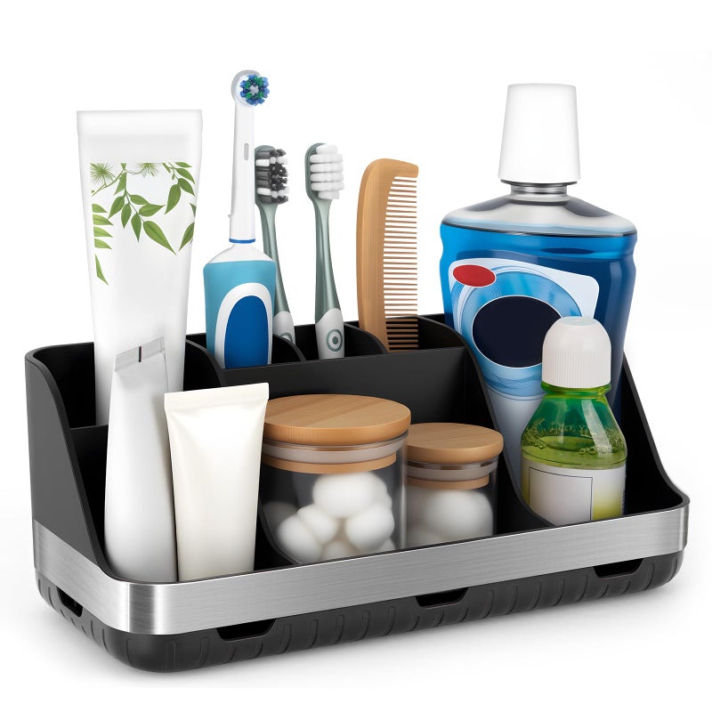 GFWARE Black Toothbrush Holder - 7 Slots Bathroom Organizer Countertop with Drainage Matte Black Electric Toothbrush and Toothpaste Holder for Bathroom Accessories Sink Storage - Image 1