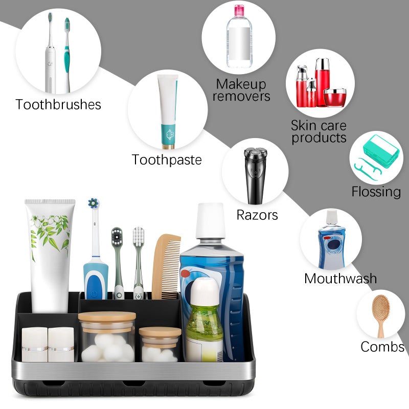 GFWARE Black Toothbrush Holder - 7 Slots Bathroom Organizer Countertop with Drainage Matte Black Electric Toothbrush and Toothpaste Holder for Bathroom Accessories Sink Storage - Image 5