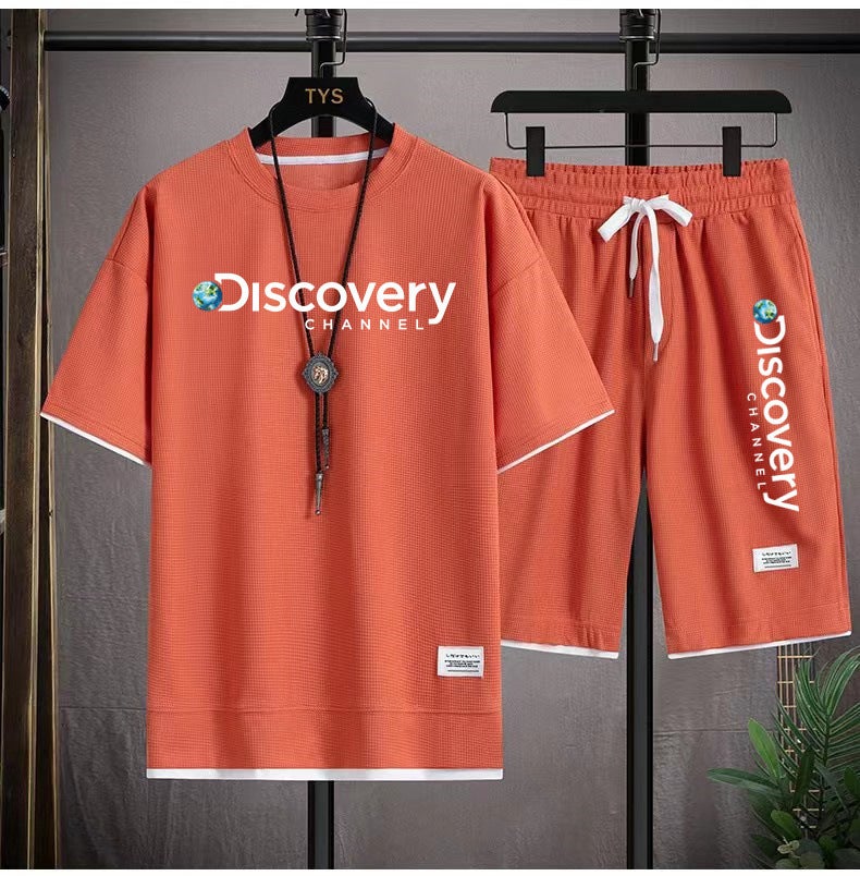 Waffle Short Sleeve T-Shirt Suit Boys Loose Trendy Cropped Pants Casual Sports Summer Sports Short Sleeve Suit - Image 4