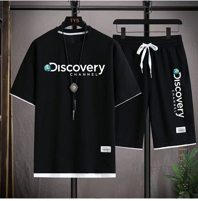 Waffle Short Sleeve T-Shirt Suit Boys Loose Trendy Cropped Pants Casual Sports Summer Sports Short Sleeve Suit - Image 2