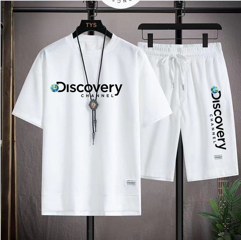 Waffle Short Sleeve T-Shirt Suit Boys Loose Trendy Cropped Pants Casual Sports Summer Sports Short Sleeve Suit - Image 5