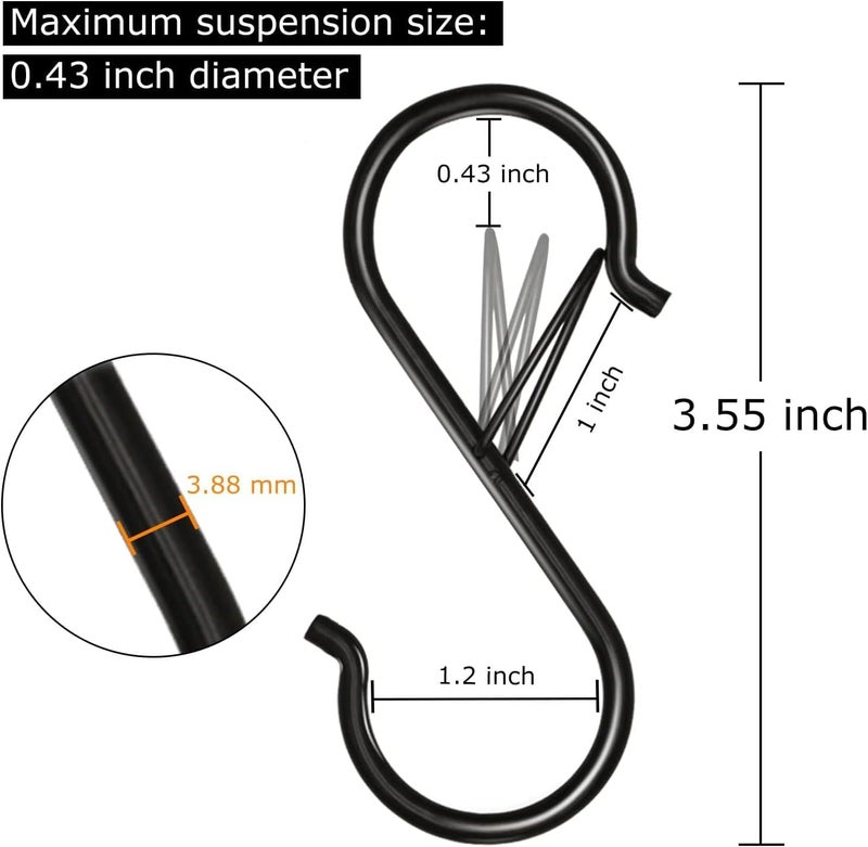 Ruilisi 8 Pack Heavy Duty S Hooks with Safety Buckle - 3 . 5 Inch Metal S Shaped Hooks for Hanging Plants , Clothes , Kitchen Utensils , Pots , Pans , and Bags (Black ) - Image 3