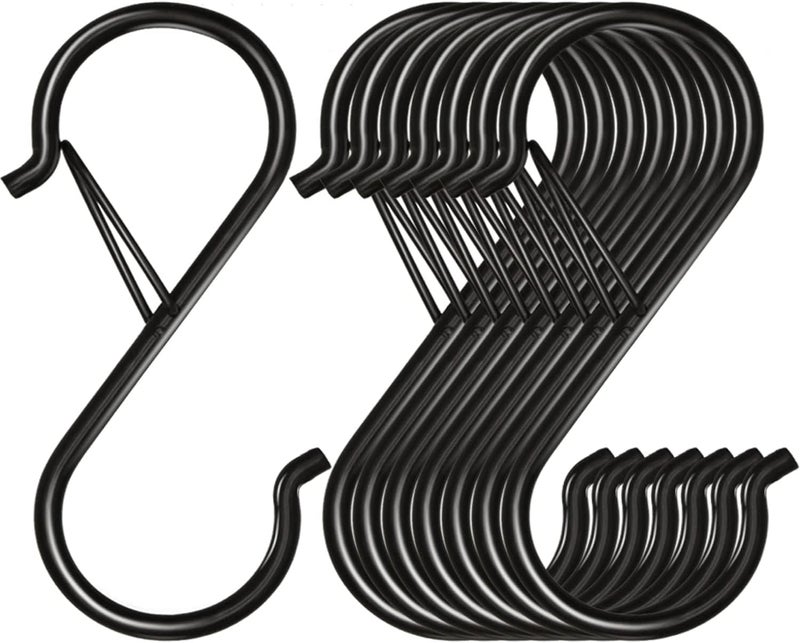 Ruilisi 8 Pack Heavy Duty S Hooks with Safety Buckle - 3 . 5 Inch Metal S Shaped Hooks for Hanging Plants , Clothes , Kitchen Utensils , Pots , Pans , and Bags (Black ) - Image 1