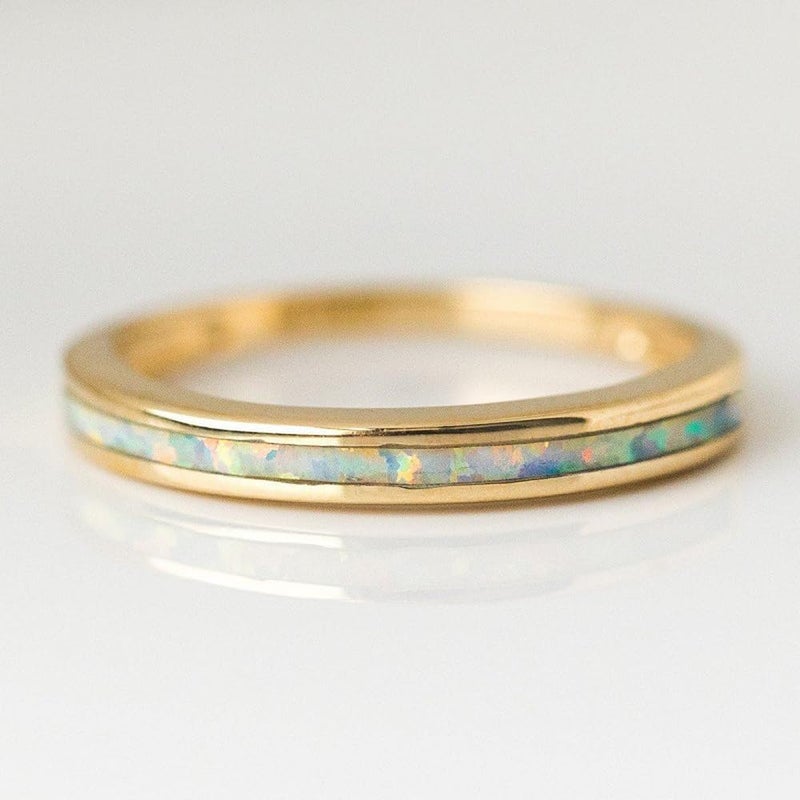 BQfife10k Yellow Gold White Opal Inlay Band Ring Dainty Non Hypo-allergenic Gold Ring For Women (8) - Image 2