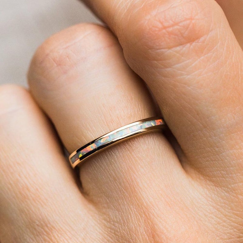 BQfife10k Yellow Gold White Opal Inlay Band Ring Dainty Non Hypo-allergenic Gold Ring For Women (8) - Image 5
