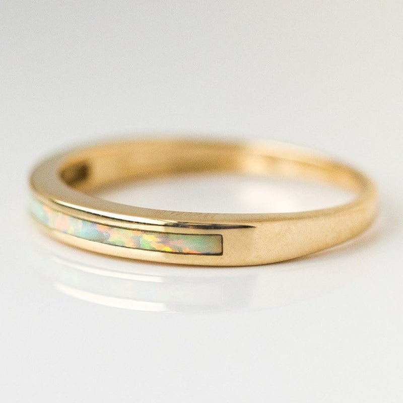 BQfife10k Yellow Gold White Opal Inlay Band Ring Dainty Non Hypo-allergenic Gold Ring For Women (8) - Image 3