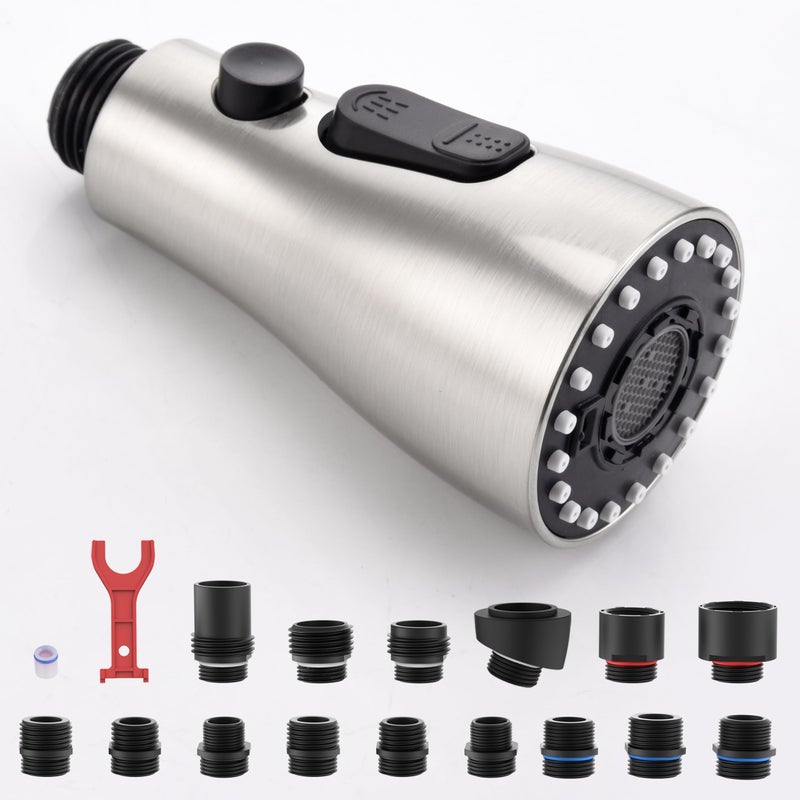 J-HVA Pull Down Kitchen Faucet Sprayer Head Replacement Part with 15 Adapters, 3 Function Pull Out Sink Sprayer Replacement Nozzle, Kitchen Faucet Head Hose Spray Tap Spout, Brushed Nickel - Image 1