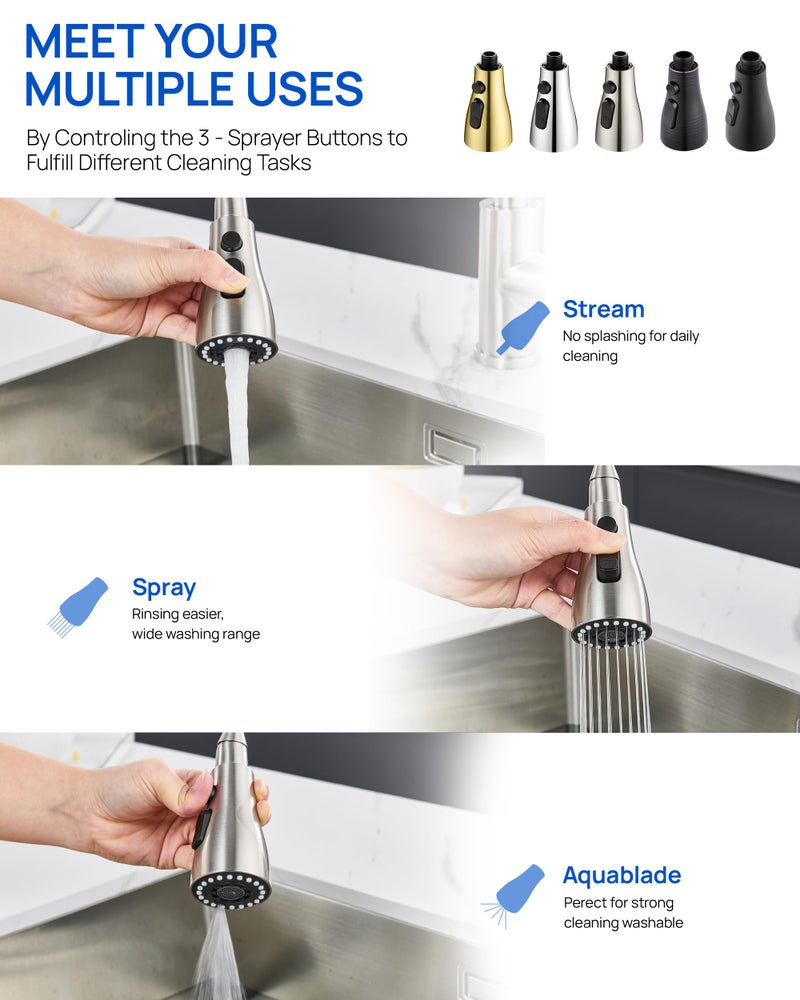 J-HVA Pull Down Kitchen Faucet Sprayer Head Replacement Part with 15 Adapters, 3 Function Pull Out Sink Sprayer Replacement Nozzle, Kitchen Faucet Head Hose Spray Tap Spout, Brushed Nickel - Image 2